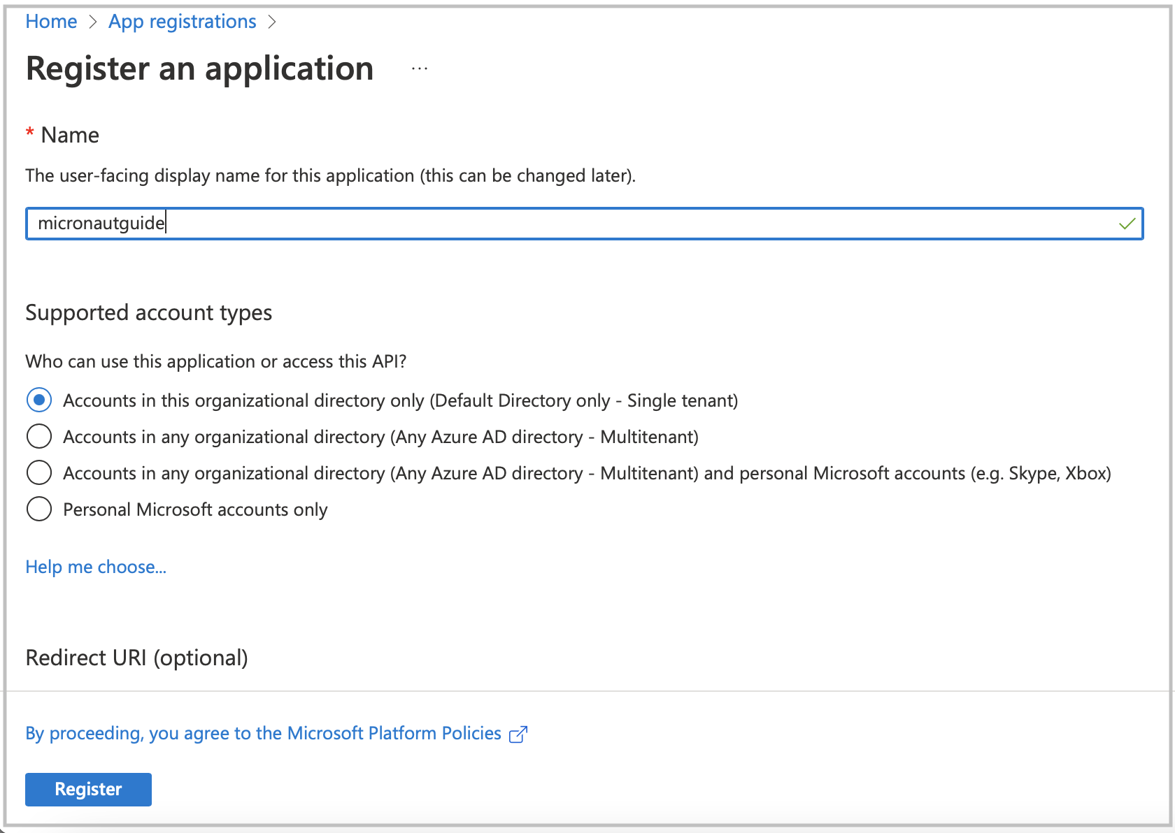 azure register application